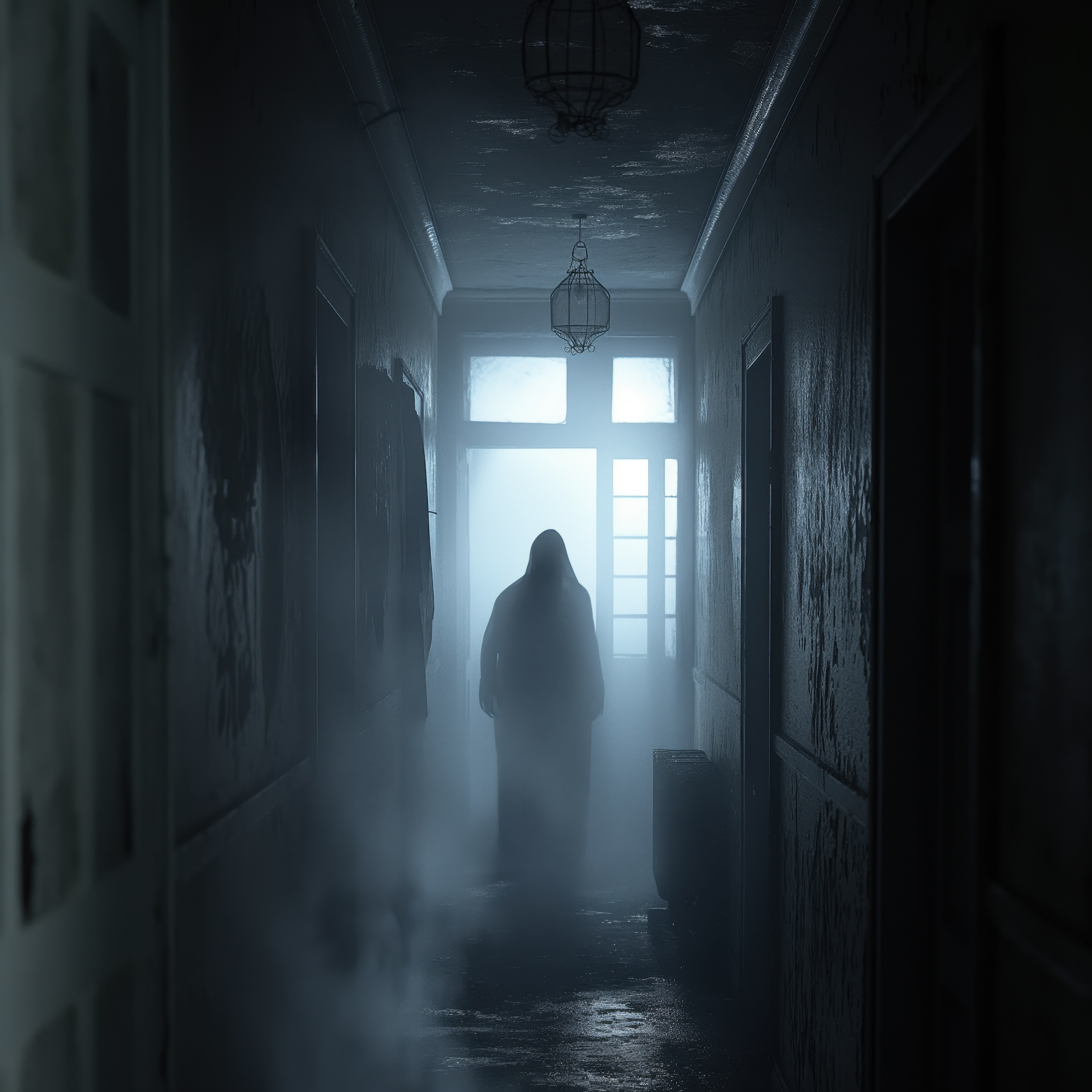 Gothic apartment block with broken windows, eerie shadows in the hallways, and ghostly figures appearing in the mist --ar 5:8 --style raw --stylize 250 Job ID: 72727331-b364-41fb-a361-efc9b874e627